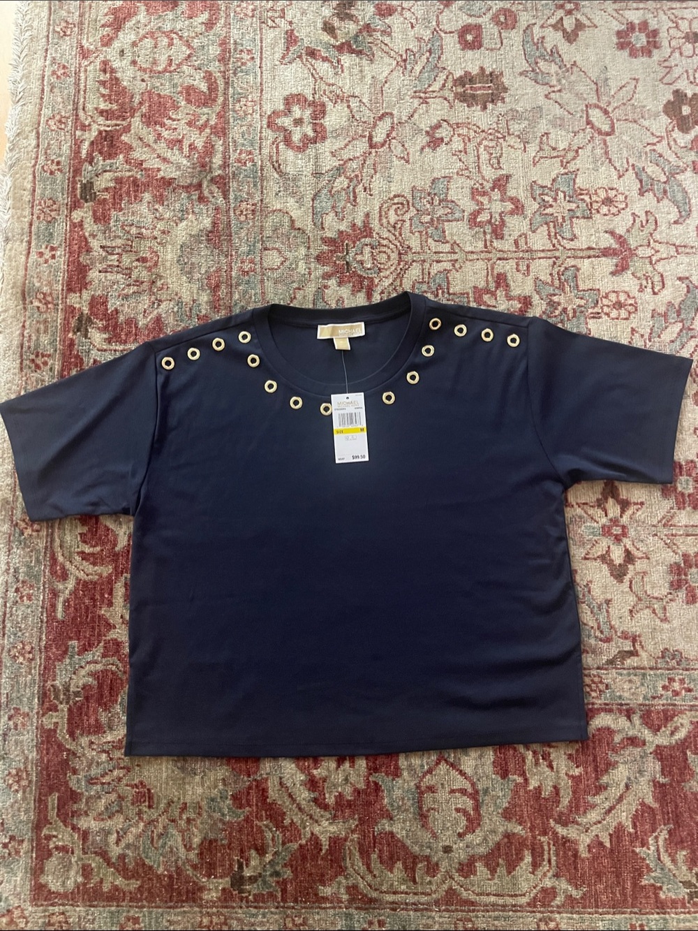 Michael Kors Navy Short Sleeve Top with Gold Eyelet Trim